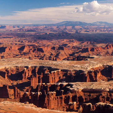 Dramatic view of sandstone cliffs, mesas, and canyons from the Island in the Sky district of Canyonlands National Park in Utah.