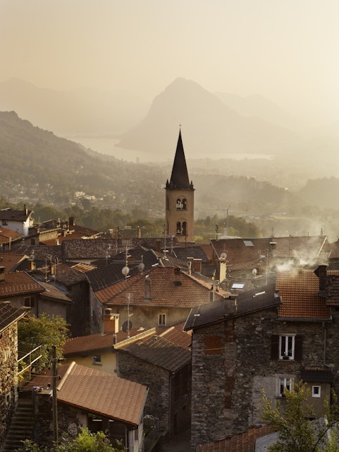 Overview of village of Sonvico and Lake Lugano.
