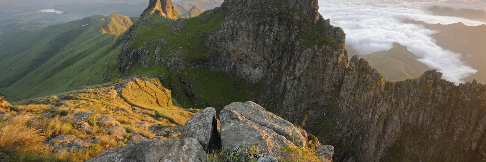 Panoramic view of mountain peak at dawn in the Drakensberg, Free State Province, South Africa