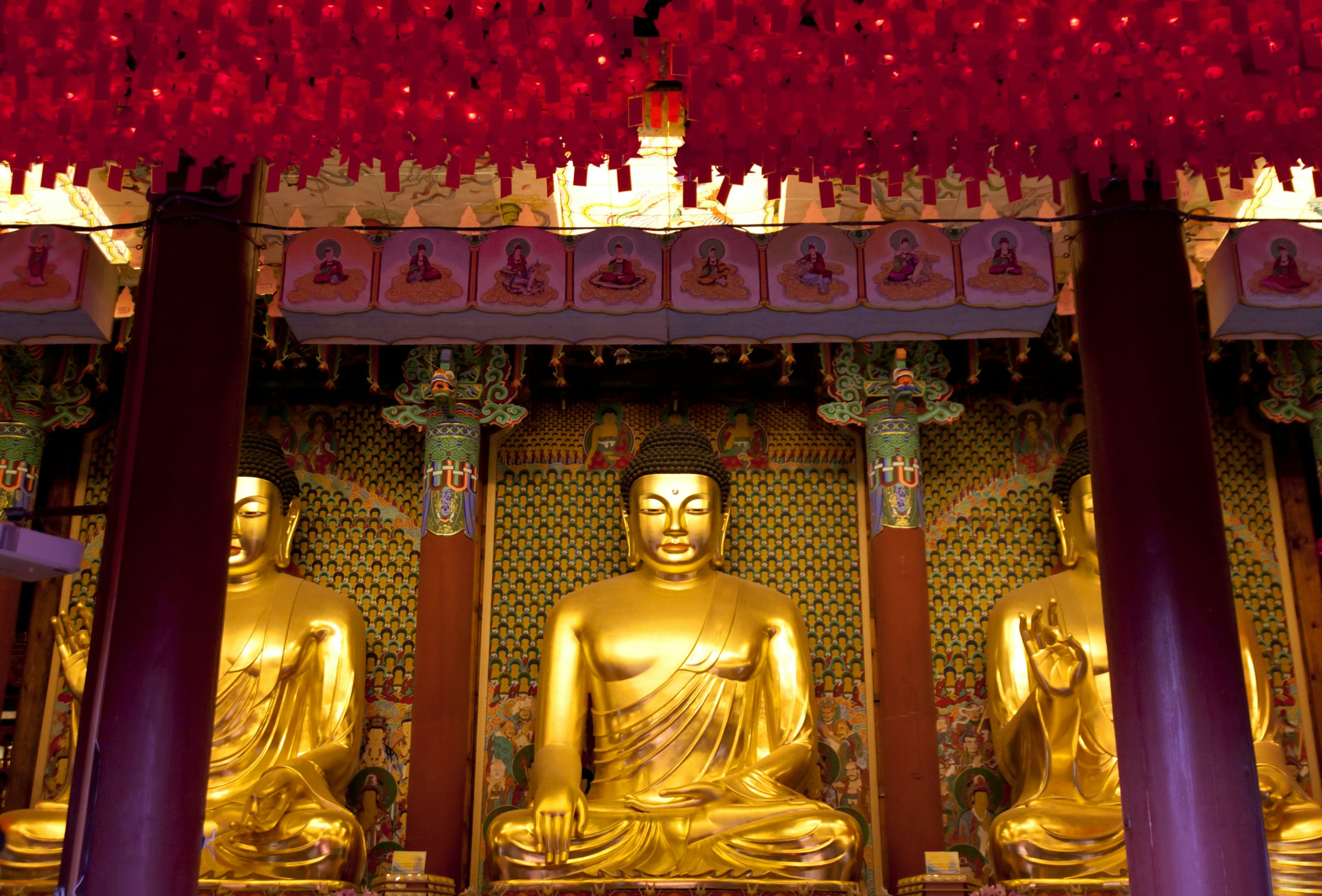 SEOUL KOREA MAY 12:Huge gilded Buddha statues at Jogye-sa Temple which is the chief temple of the Jogye Order of Korean Buddhism on may 12 2013 Seoul, South Korea.