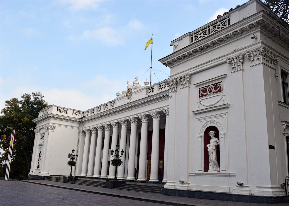 The colonnaded City Hall on Odesa's bul Prymorsky