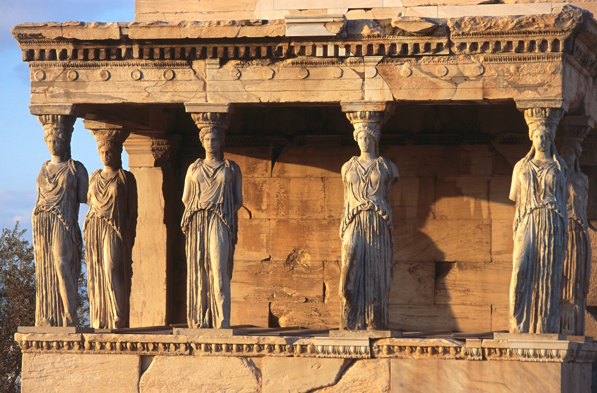 The Porch of the Caryatids, six maidens holding aloft the southern portico of the Erechtheion sanctuary in the Acropolis.