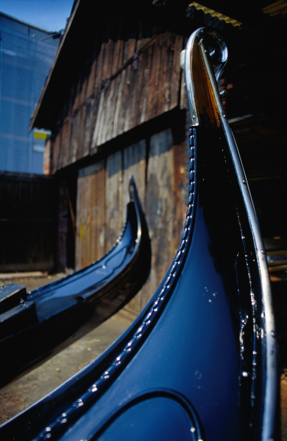 Close up detail of a gondola at Venice's main surviving gondola building and repair yard squero at Rio di San Trovaso, Dorsoduro.