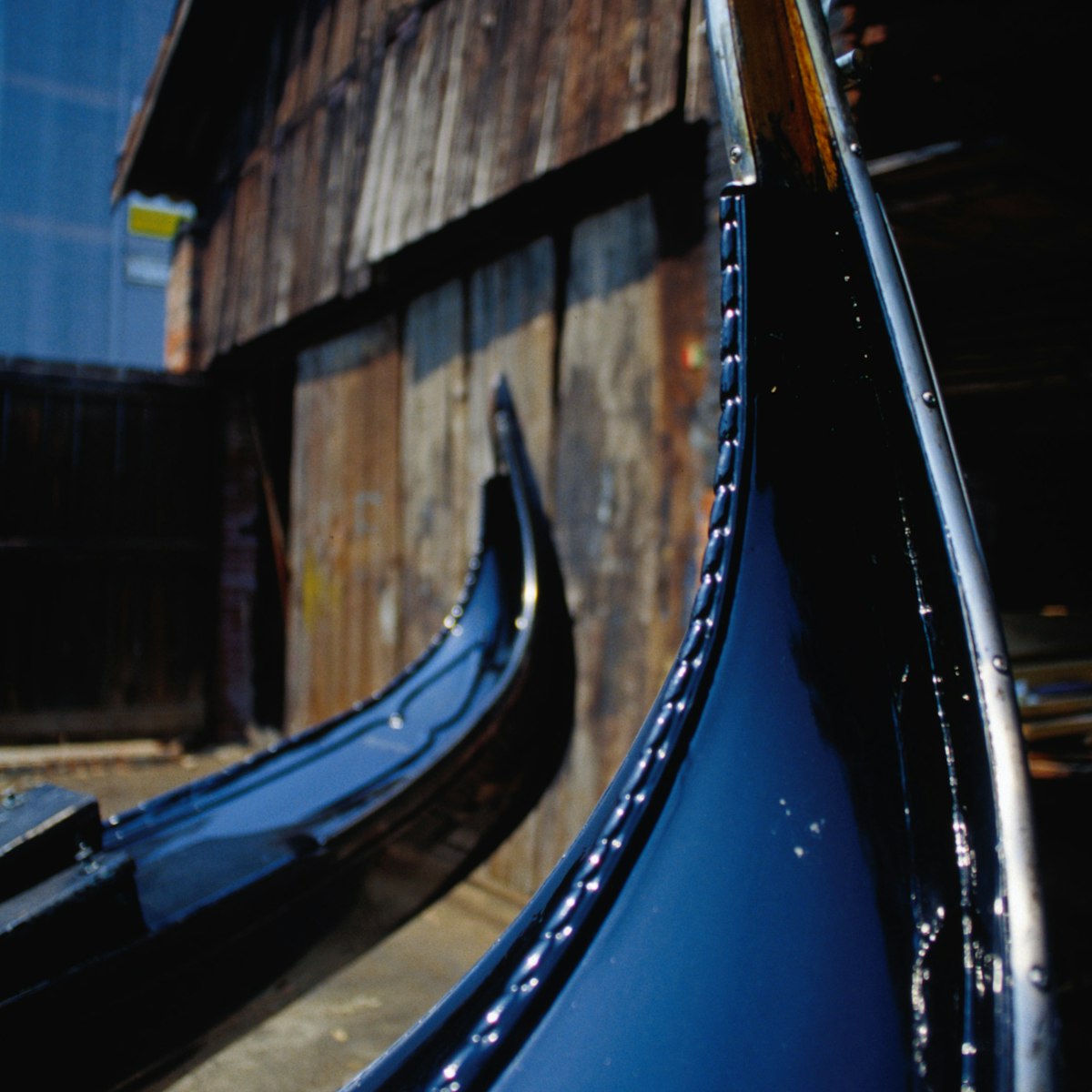Close up detail of a gondola at Venice's main surviving gondola building and repair yard squero at Rio di San Trovaso, Dorsoduro.