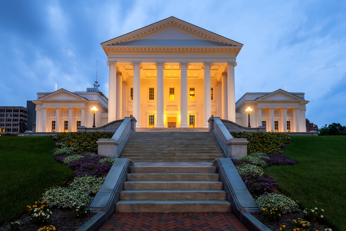 Virginia State Capitol, Richmond, Virginia, America..Photograph taken after sunset..The Capitol Building houses the oldest elected legislative body in USA, first established as the House of Burgesses in 1619