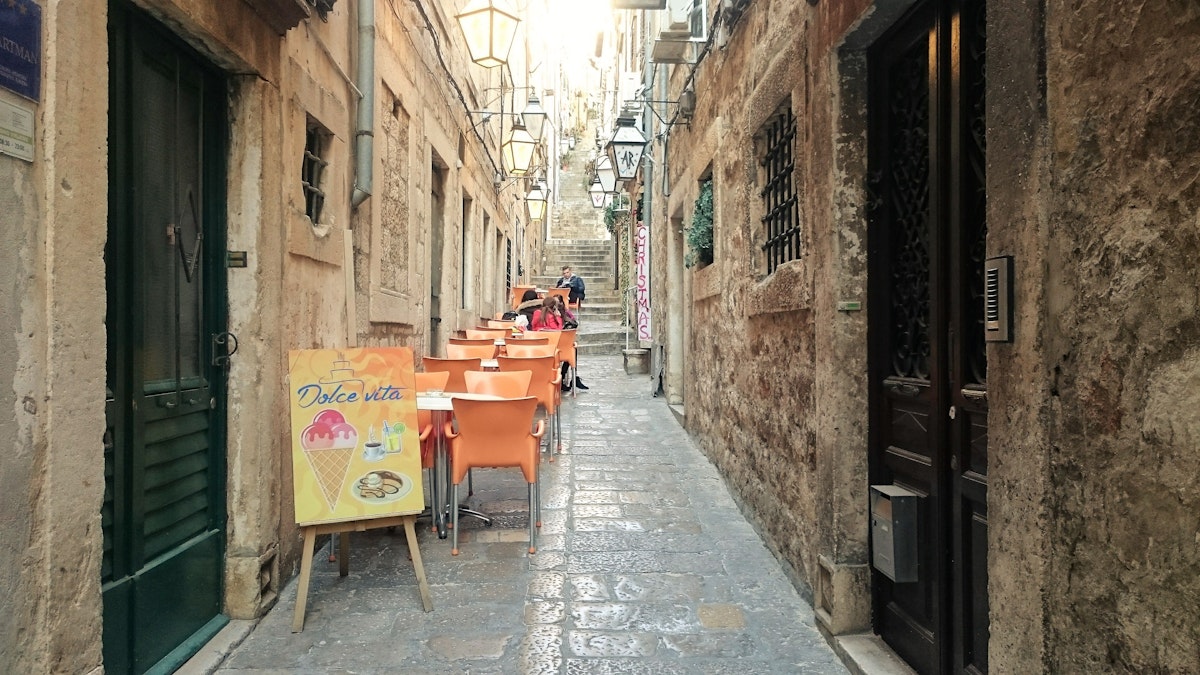 View of Dolce Vita outside seating from the beginning of the street