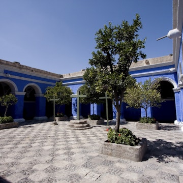 Crosses in courtyard of Cloister of Orange Trees in Monasterio de Santa Catalina (Santa Catalina Monastery), Arequipa, Peru