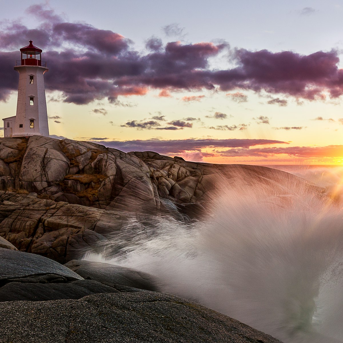 Sunset at Peggys Cove after a violent wind storm the previous day