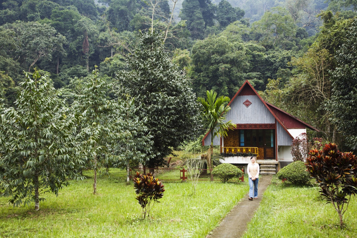 Woman walking in front of A-frame hut accomodation.