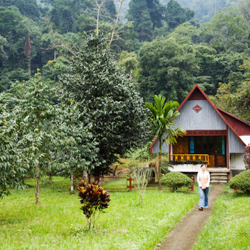 Woman walking in front of A-frame hut accomodation.