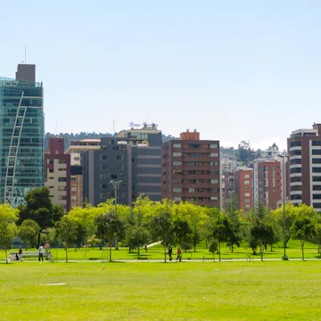 QUITO, ECUADOR- MARCH 20, 2015: Inside La Carolina park in Quito, Ecuador. Beautiful green outdoors with some tall office buildings marking the city presence.; Shutterstock ID 320378906; Your name (First / Last): Josh Vogel; GL account no.: 56530; Netsuite department name: Online Design; Full Product or Project name including edition: Digital Content/Sights