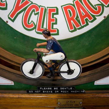 Cycle race at Musee Mecanique, housing collections of mechanically operated musical instruments and antique arcade machines.