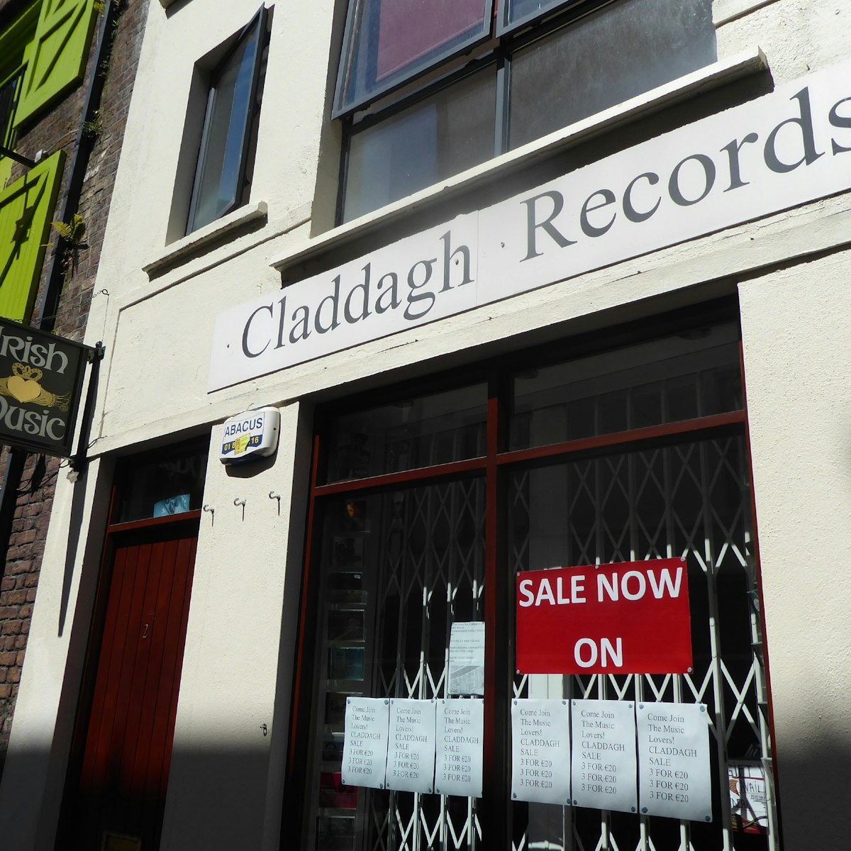 A close-up of Claddagh Records sign, Temple Bar