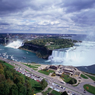 Aerial of Niagara Falls from the Canada side of the famous waterfall
