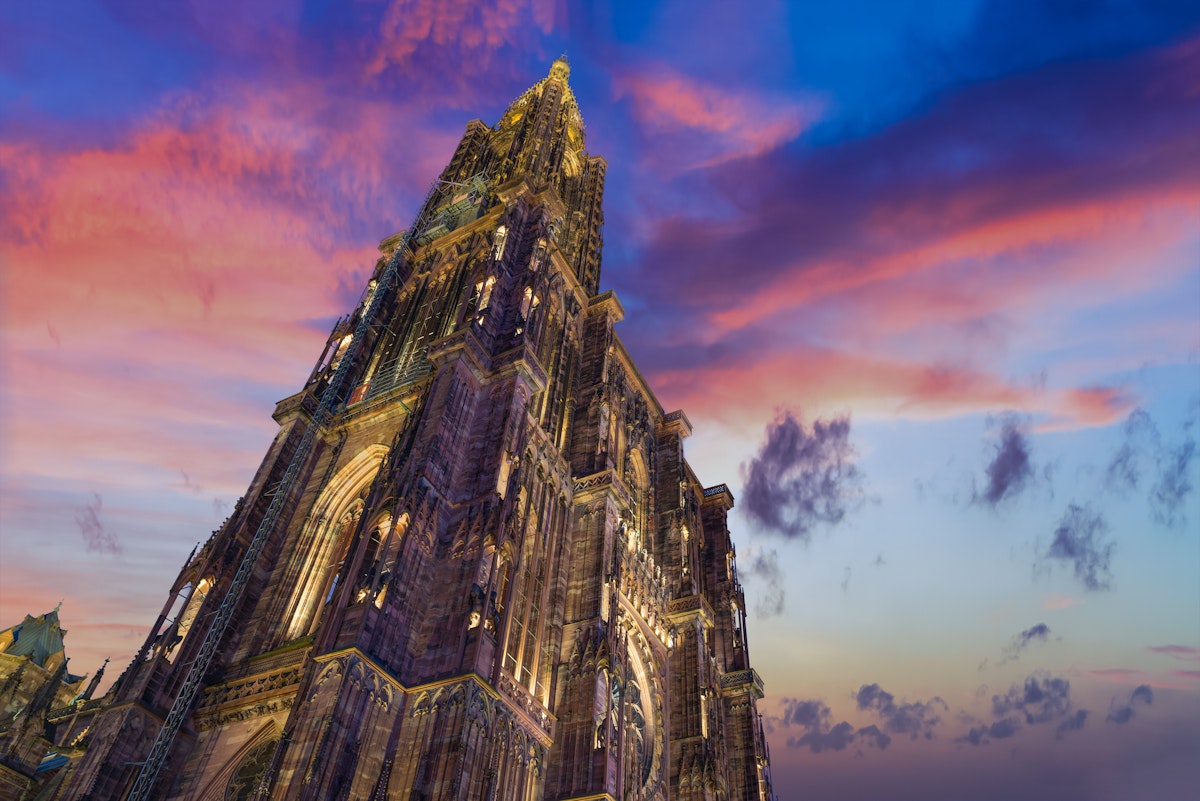 View of Strasbourg Cathedral from ground. Alsace; Shutterstock ID 543791347; Your name (First / Last): Daniel Fahey; GL account no.: 65050; Netsuite department name: Online Editorial; Full Product or Project name including edition: Cathédrale Notre-Dame Strasbourg POI