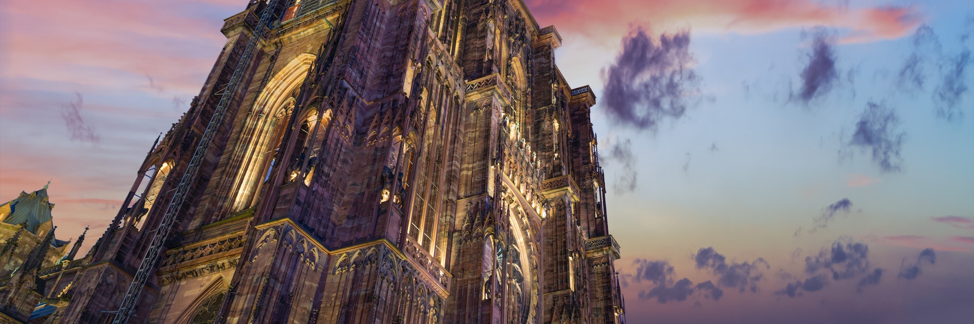 View of Strasbourg Cathedral from ground. Alsace; Shutterstock ID 543791347; Your name (First / Last): Daniel Fahey; GL account no.: 65050; Netsuite department name: Online Editorial; Full Product or Project name including edition: Cathédrale Notre-Dame Strasbourg POI