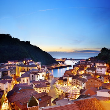 Overview of terracotta roofed houses on harbour at dusk.