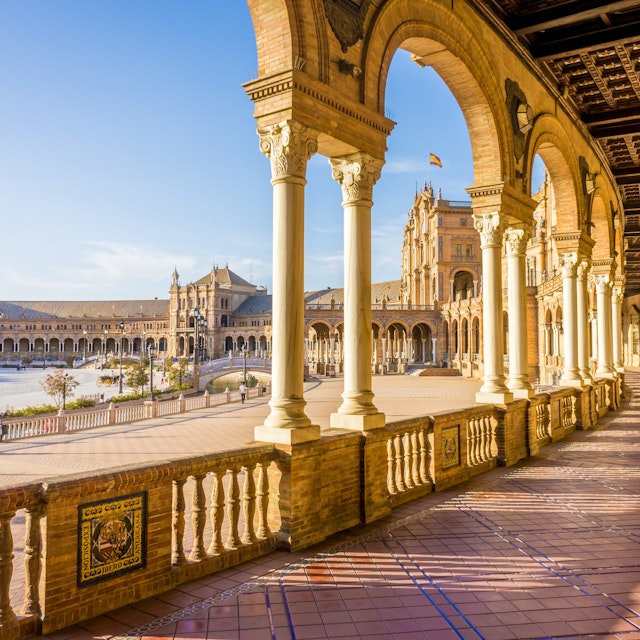 Spain Square (Plaza de Espana), Seville, Spain, built on 1928, it is one example of the Regionalism Architecture mixing Renaissance and Moorish styles.