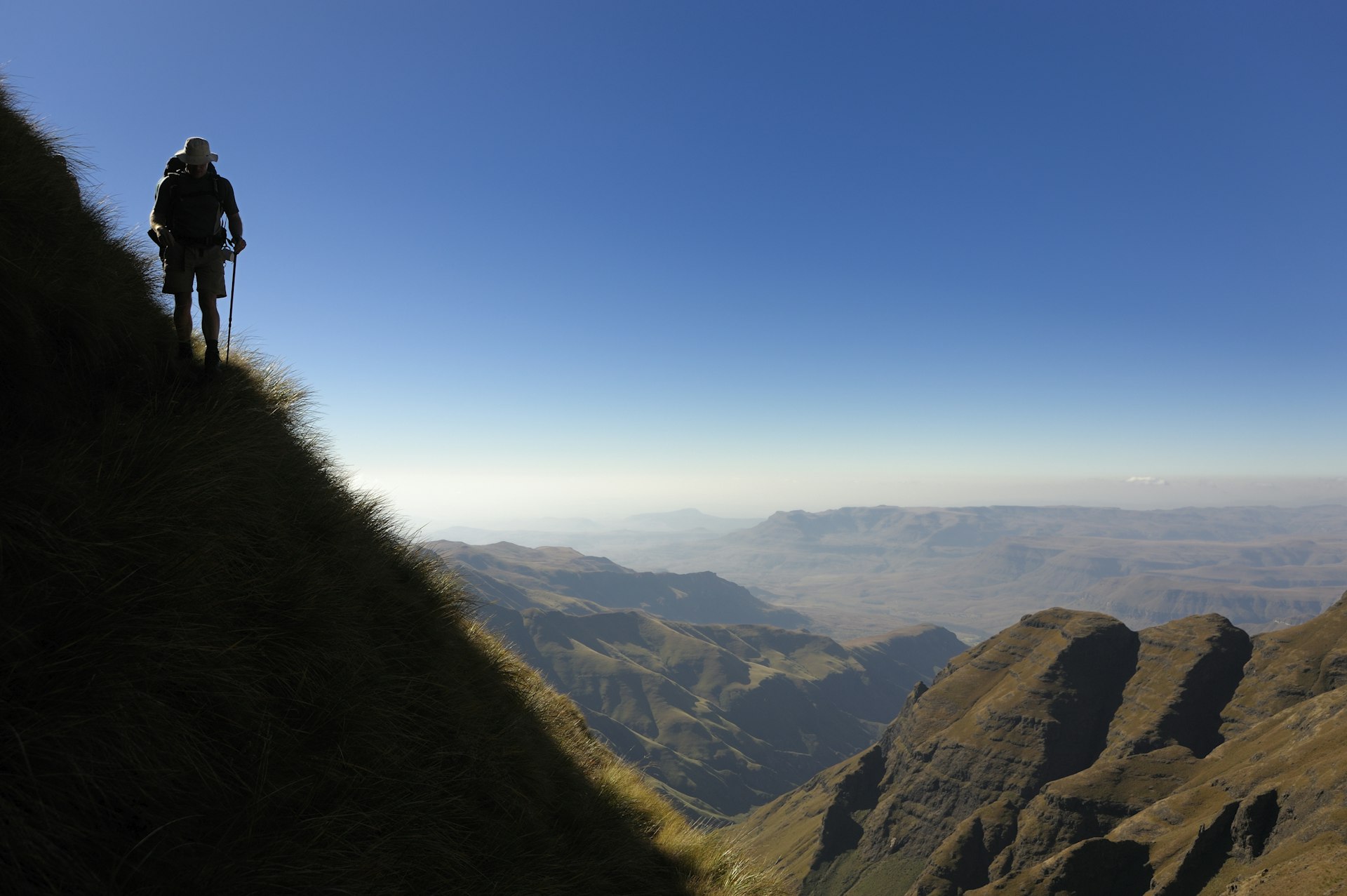 Trekker on a ridge in Drakensberg-Ukhahlamba National Park