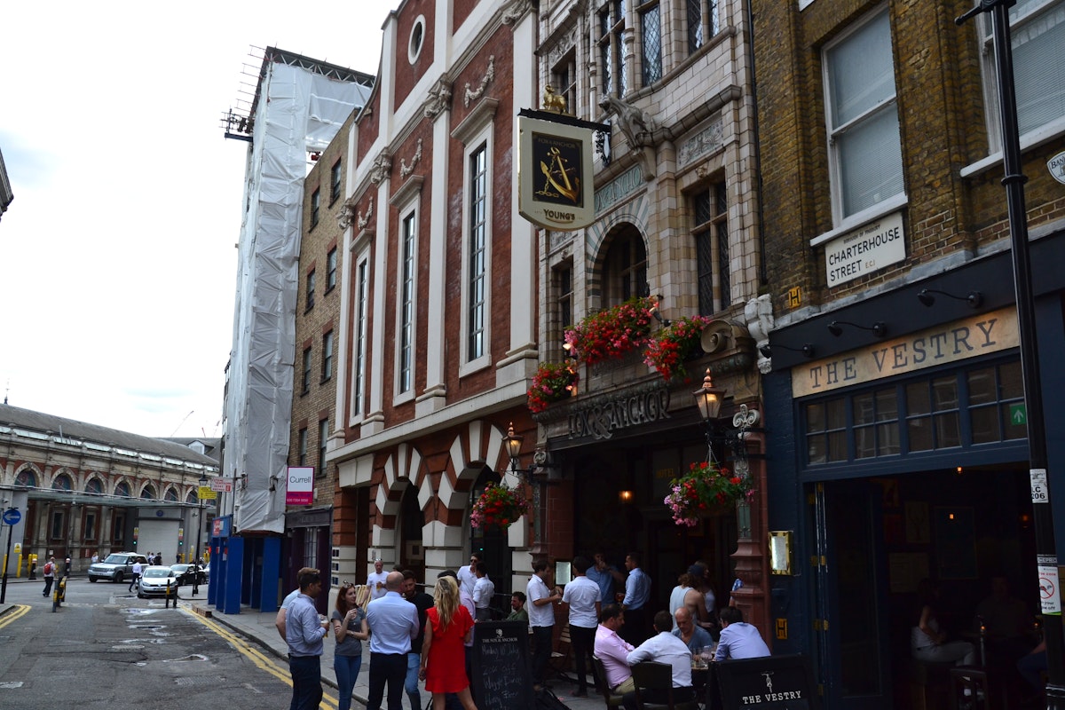 Outside the Fox & Anchor, traditonal Victorian pub