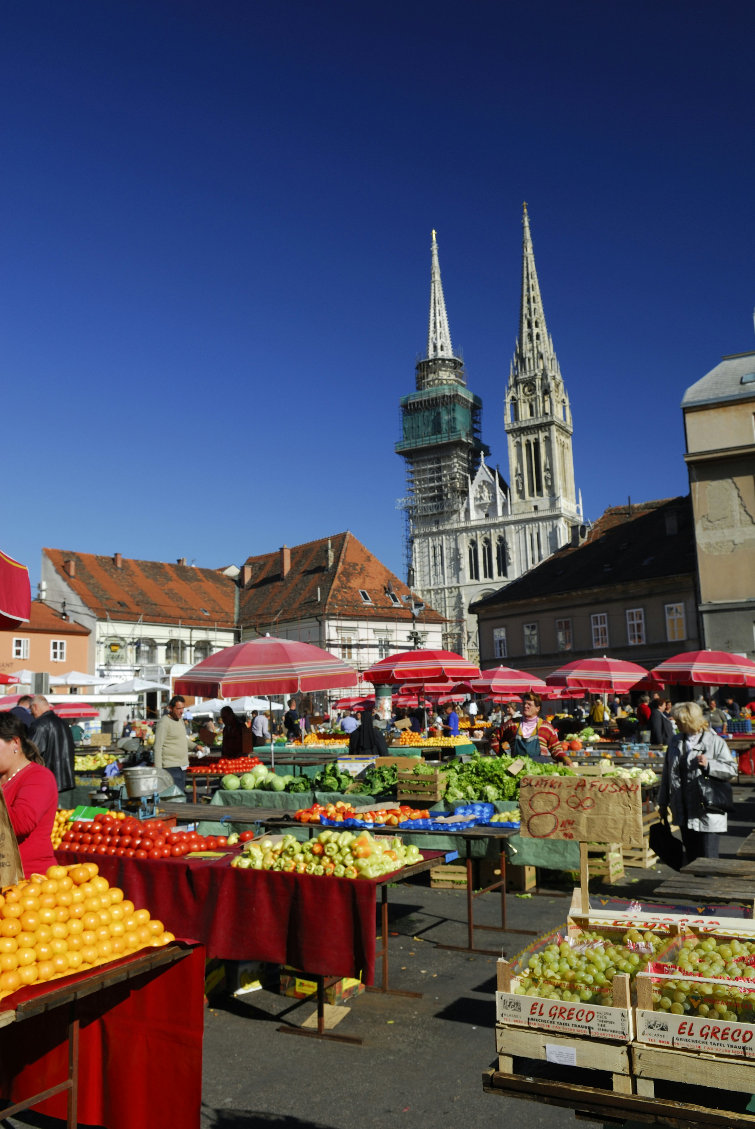 Dolac open market, with Cathedral of the Assumption of the Blessed Virgin Mary and Saint Stephen (Sveti Stjepan) in background, Zagreb, Croatia