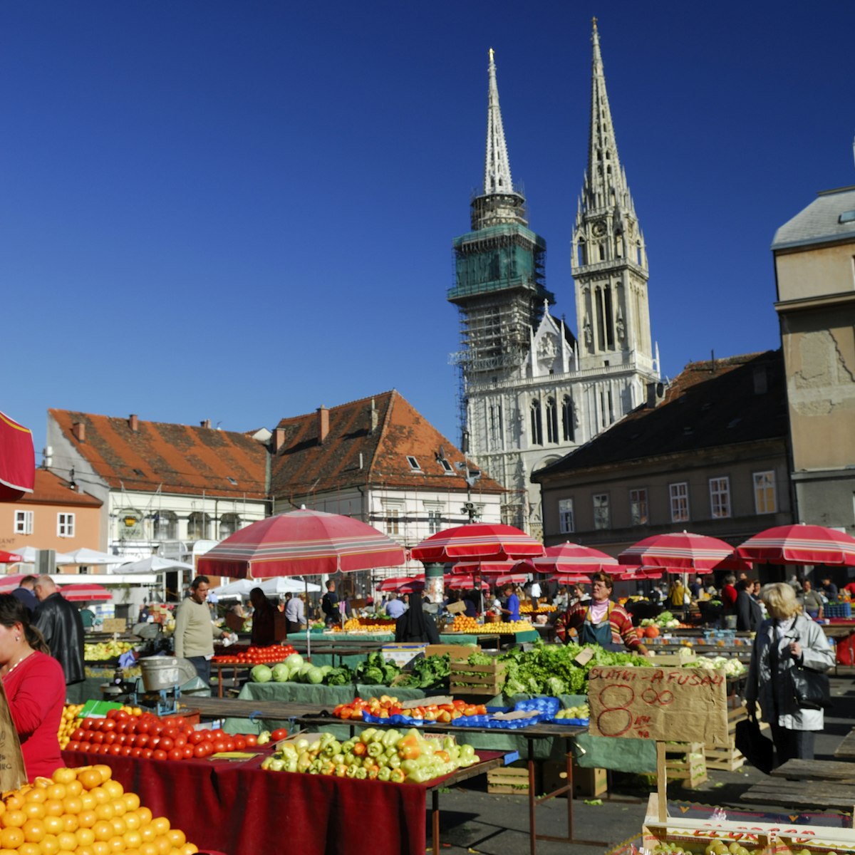 Dolac open market, with Cathedral of the Assumption of the Blessed Virgin Mary and Saint Stephen (Sveti Stjepan) in background, Zagreb, Croatia