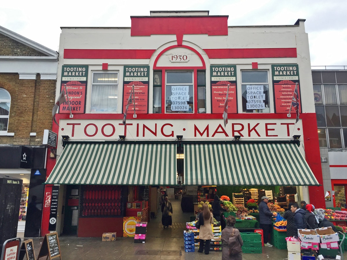 The frontage of Tooting Market, a South London shopping institution