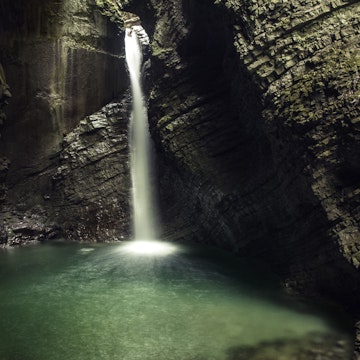 One of Slovenia's hidden gems, waterfall Kozjak,.Kobarid region, Soča valley, Slovenia.