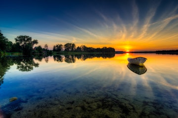 Beautiful landscape of the masurian lakes during a sunset in Poland.