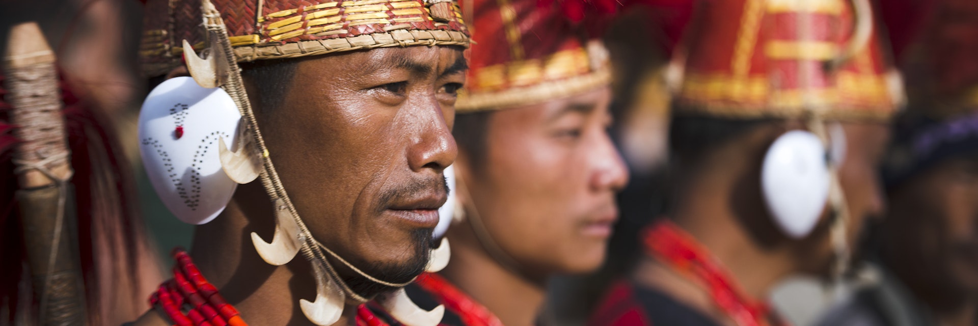 Naga tribal warriors in traditional outfit, Hornbill Festival, Kohima, Nagaland, India
