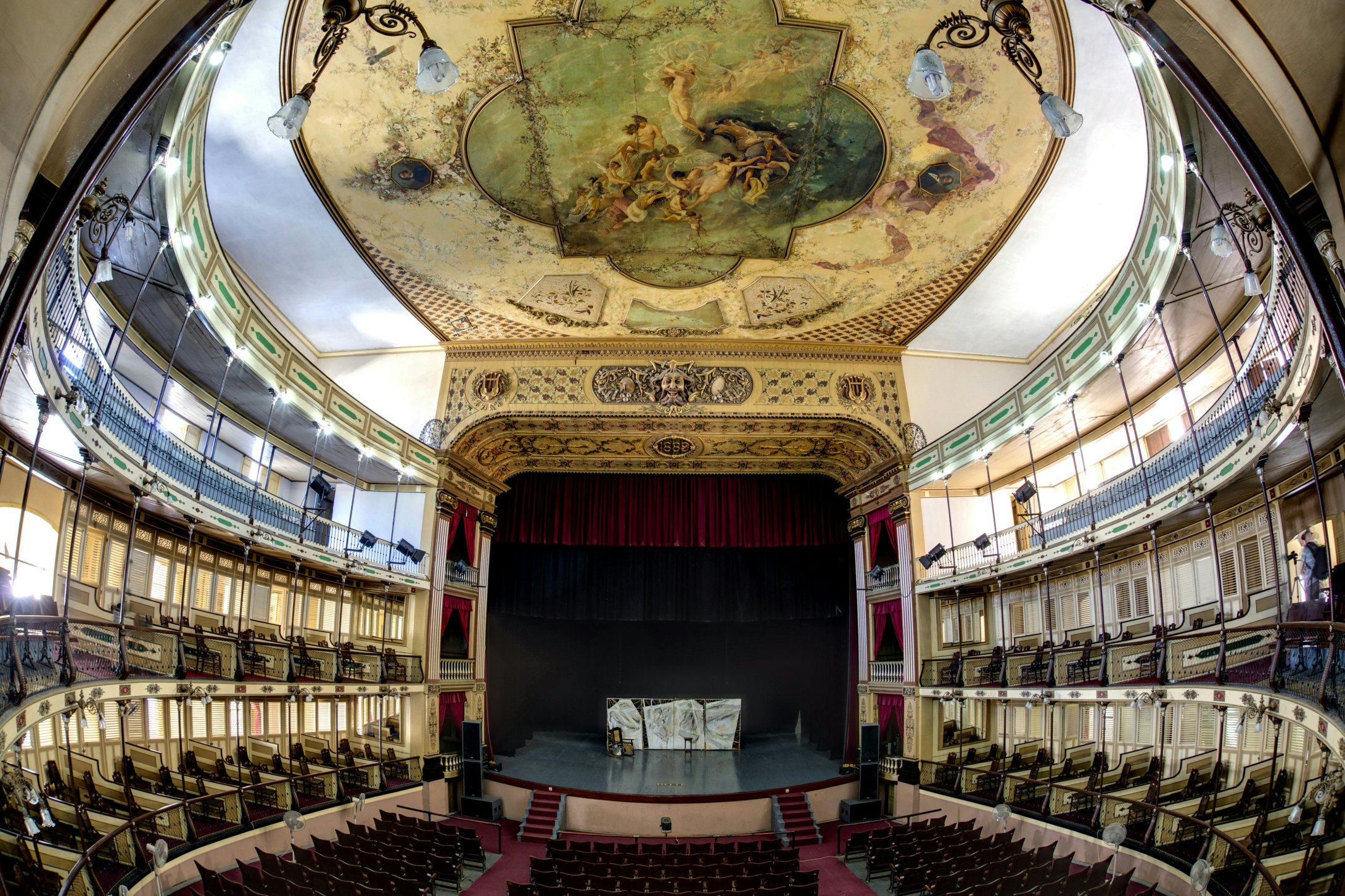 Interior of Teatro Tomas Terry, shot with fisheye lens, Parque Jose Marti, Cienfuegos, UNESCO World Heritage Site, Cuba, West Indies, Central America