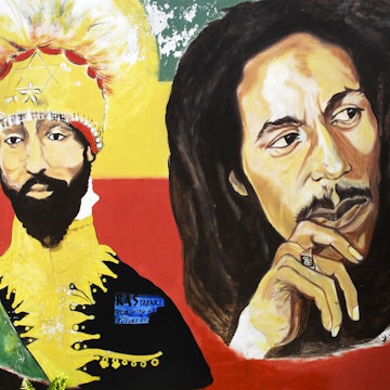 Detail of mural at Bob Marley Museum.