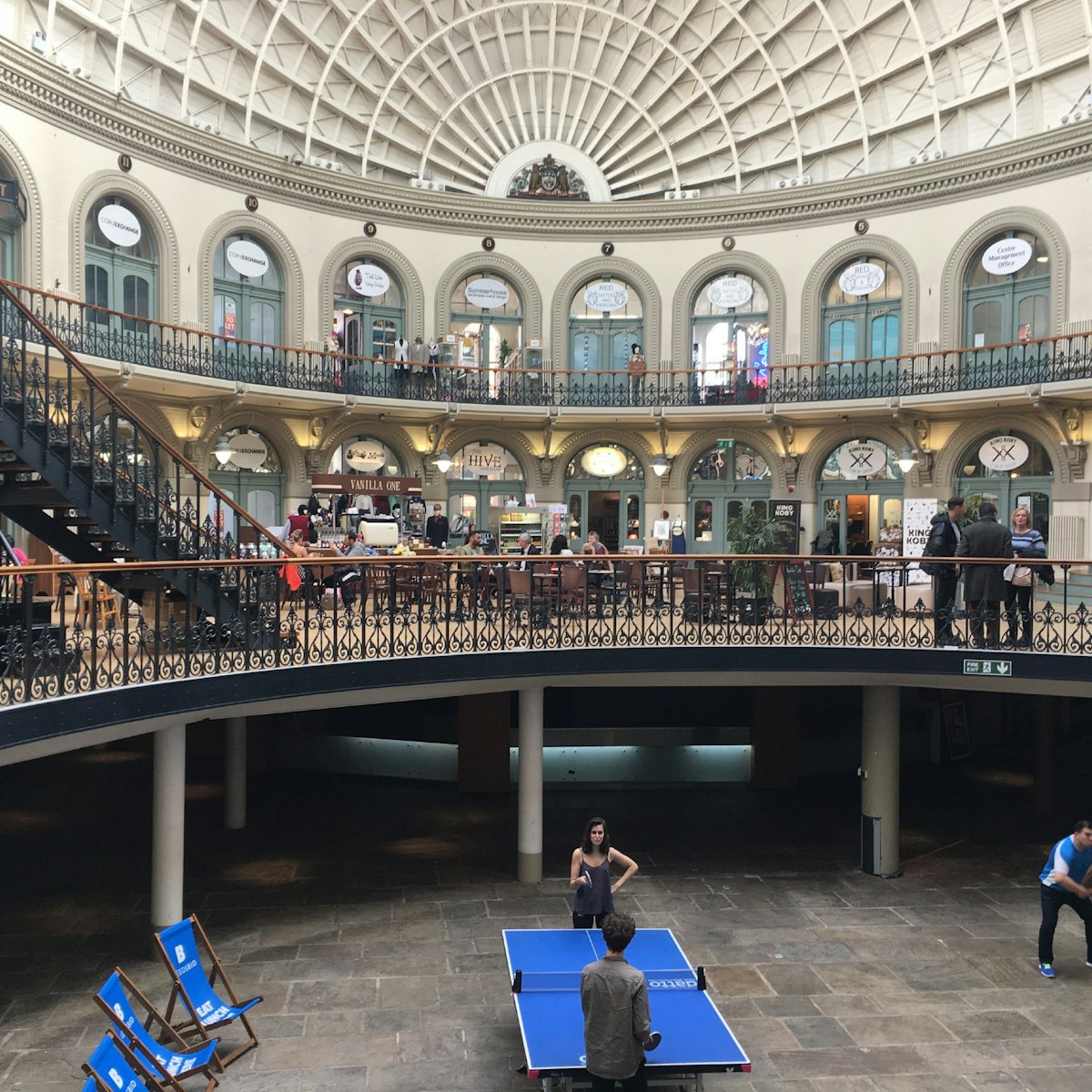 The magnificent Victorian interior of the Corn Exchange with table tennis below.