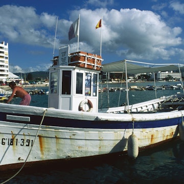 Dive boat in the harbour, Sant Antoni.
