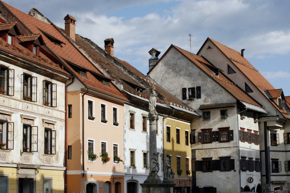 Scofja Loka, Mestni trg with townhouses, northwest Slovenia.