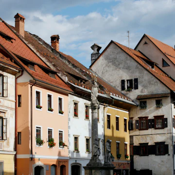 Scofja Loka, Mestni trg with townhouses, northwest Slovenia.