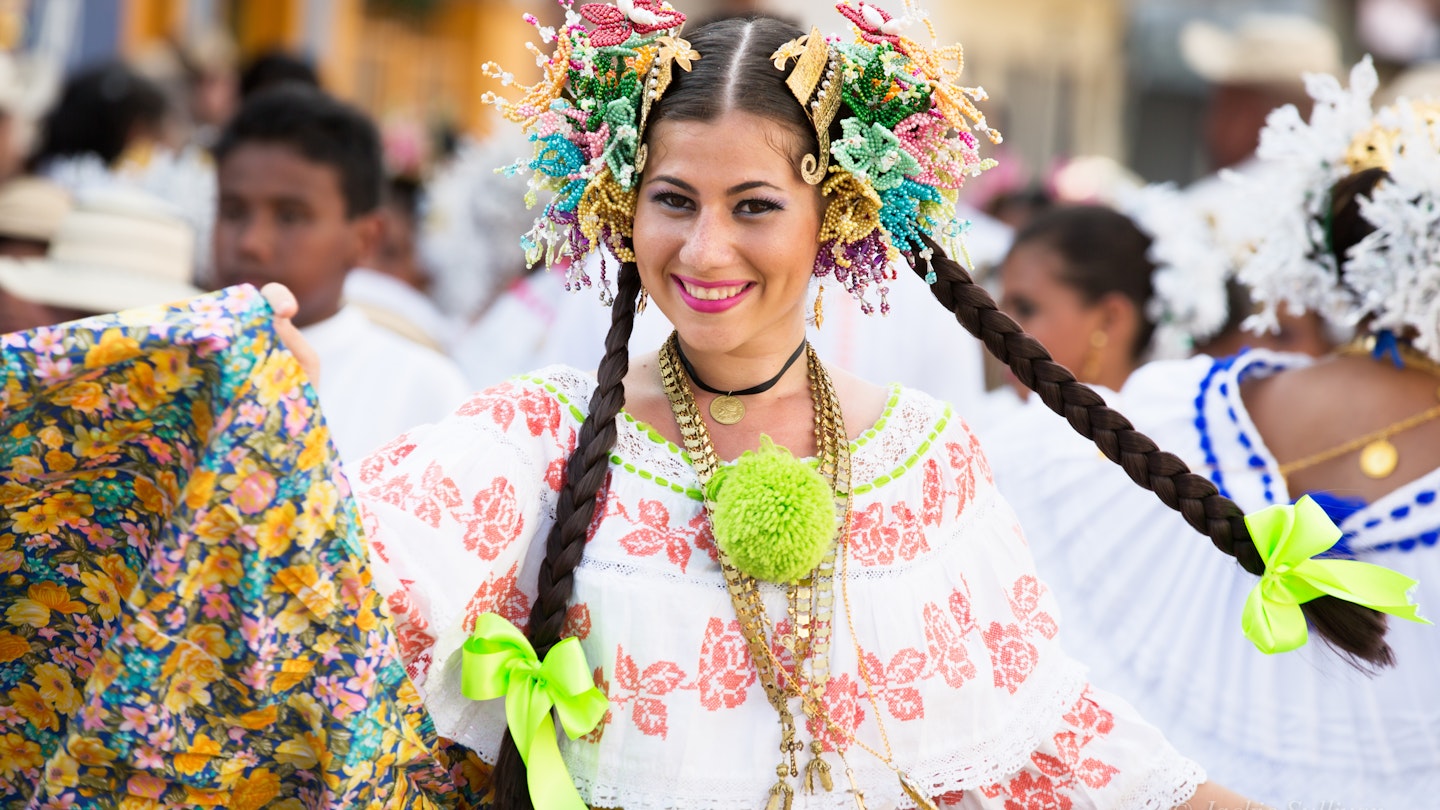 A young lady participating in the 1000 Polleras Parade, Las Tablas, Panama.