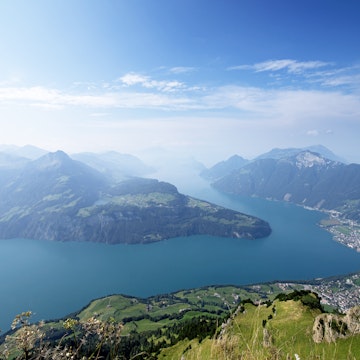 Overview of Lake Lucerne and Rutli meadow from Fronalpstock.