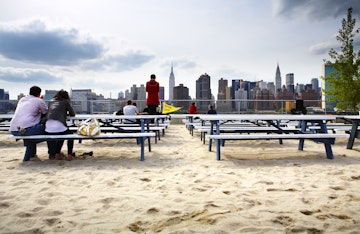 Sandy setting at Water Taxi Beach bar opposite Manhattan, Queens.