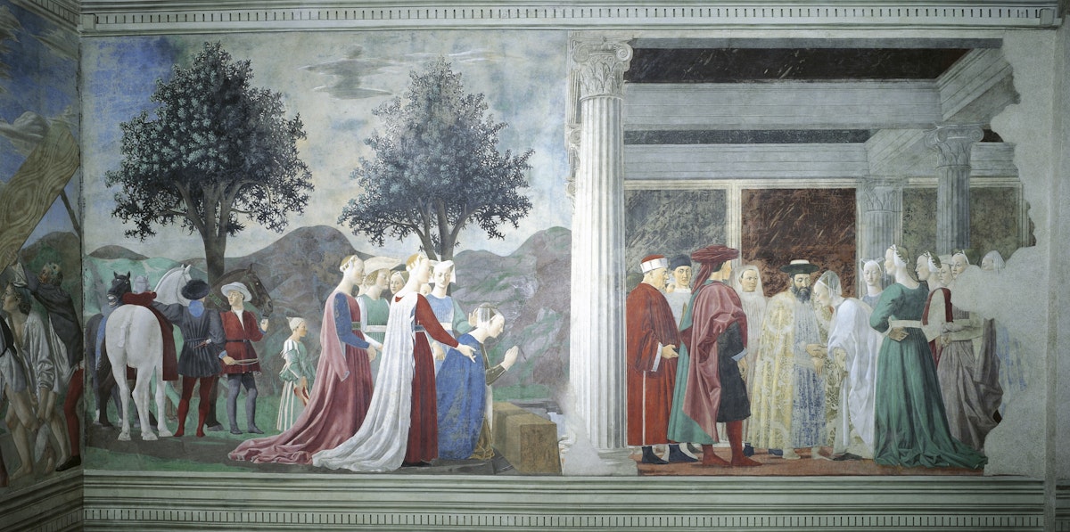 Detail from the Legend of the True Cross showing adoration of Sacred Wood and meeting of Queen of Sheba and King Solomon, by Piero della Francesca, 1452-1466, fresco