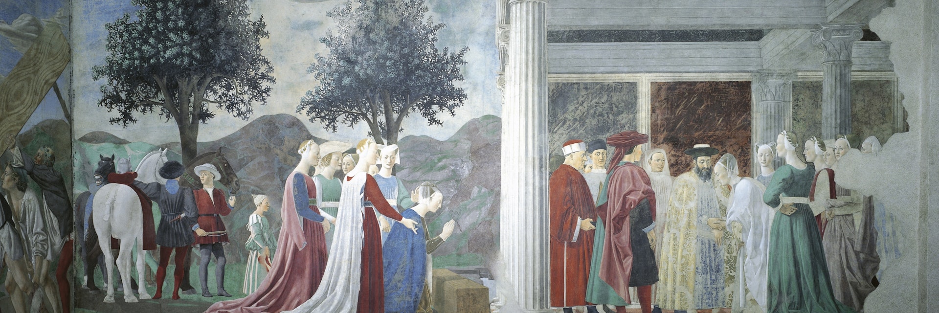 Detail from the Legend of the True Cross showing adoration of Sacred Wood and meeting of Queen of Sheba and King Solomon, by Piero della Francesca, 1452-1466, fresco