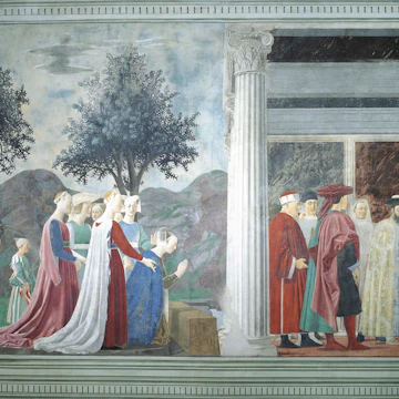 Detail from the Legend of the True Cross showing adoration of Sacred Wood and meeting of Queen of Sheba and King Solomon, by Piero della Francesca, 1452-1466, fresco
