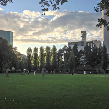 Josefwiese, with the Prime tower (left) in the background, and amateur soccer teams playing after work