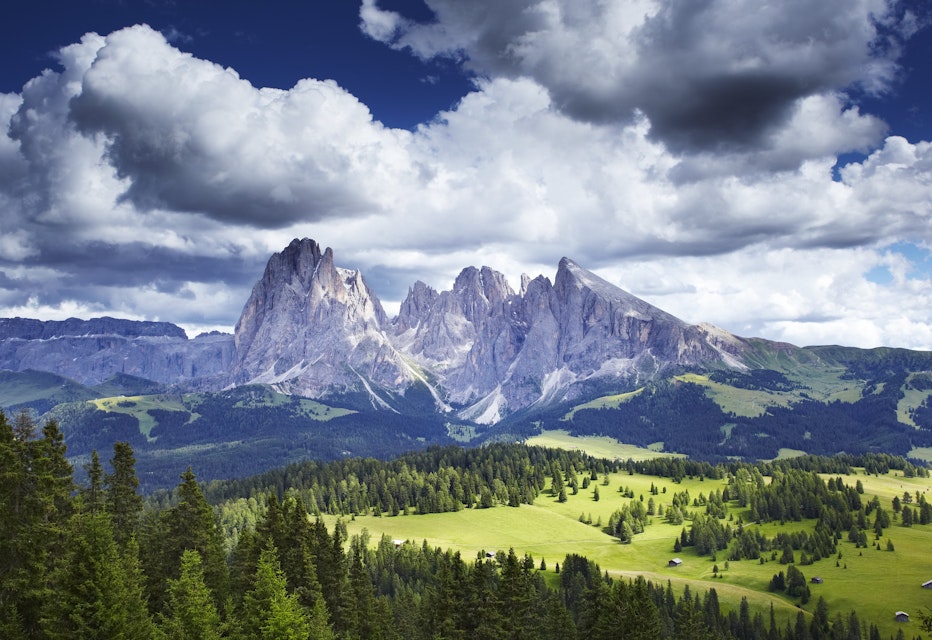Overview of Sassolungo mountain range, seen from Alpe di Siusi cable car station.