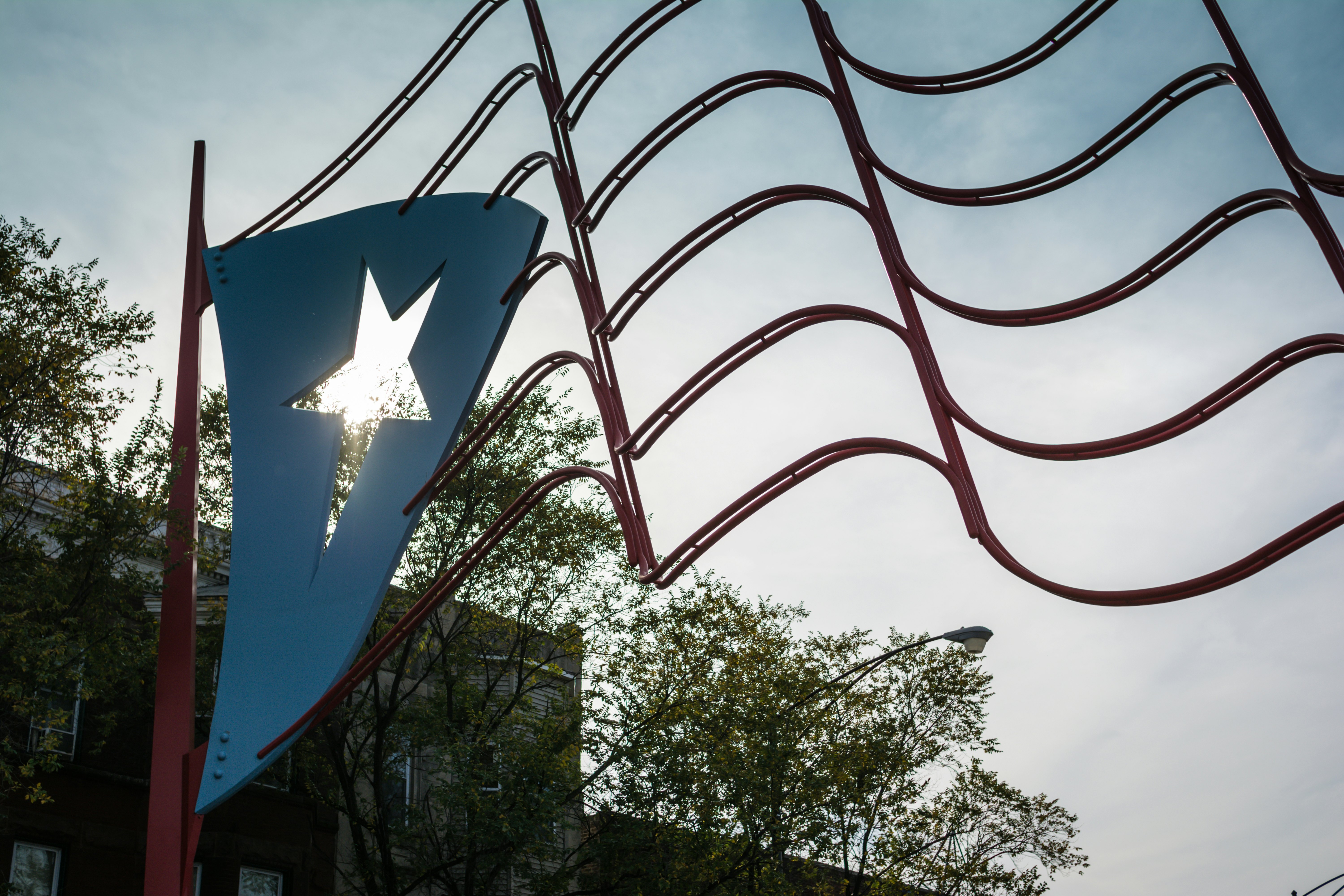 The Puertorican flag is the center of attraction at Paseo Boricua on Division Street in Chicago, Il. The section known as Humboldt Park has a large concentration of Puertorican families living in it.