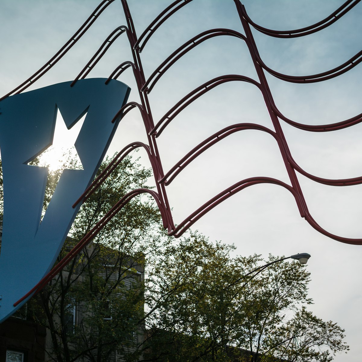 The Puertorican flag is the center of attraction at Paseo Boricua on Division Street in Chicago, Il. The section known as Humboldt Park has a large concentration of Puertorican families living in it.