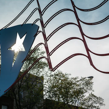 The Puertorican flag is the center of attraction at Paseo Boricua on Division Street in Chicago, Il. The section known as Humboldt Park has a large concentration of Puertorican families living in it.