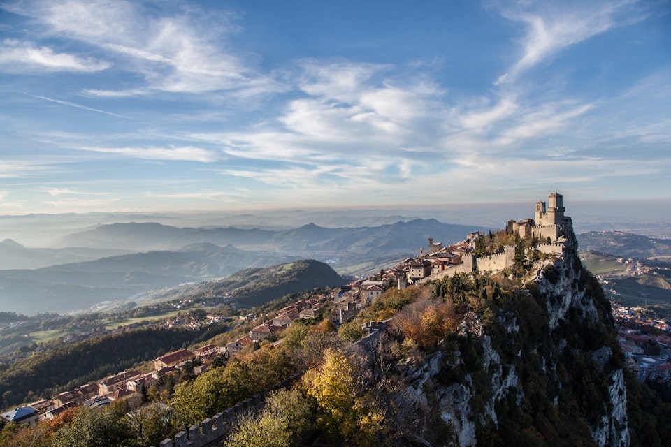 Landscape with the oldest tower in the Guaita Castle - San Marino.