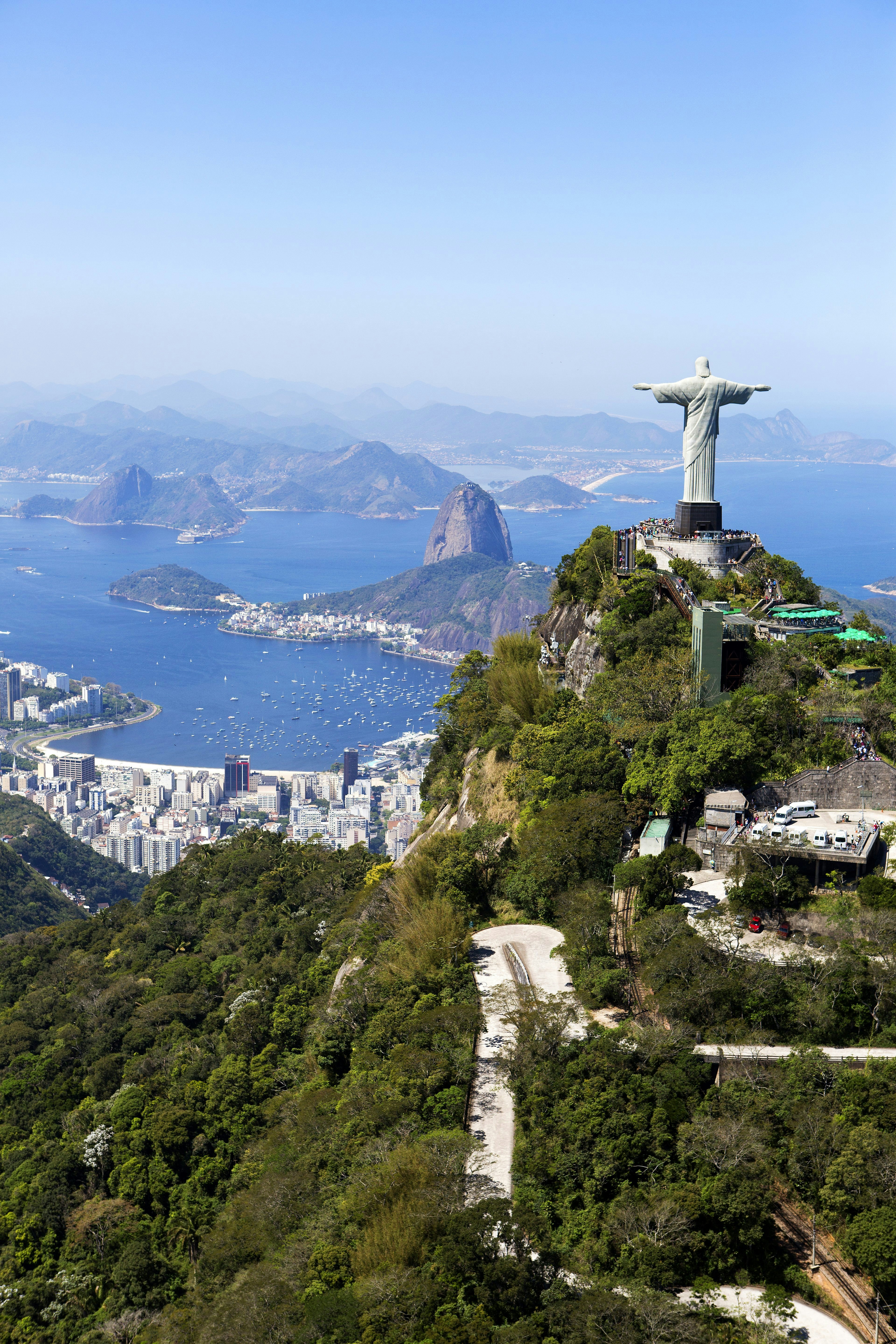 An aerial view of Rio de Janeiro and.the statue of Christ the Redeemer.