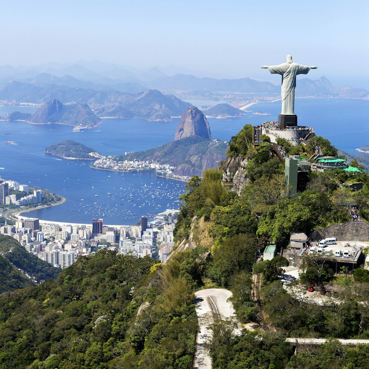 An aerial view of Rio de Janeiro and.the statue of Christ the Redeemer.